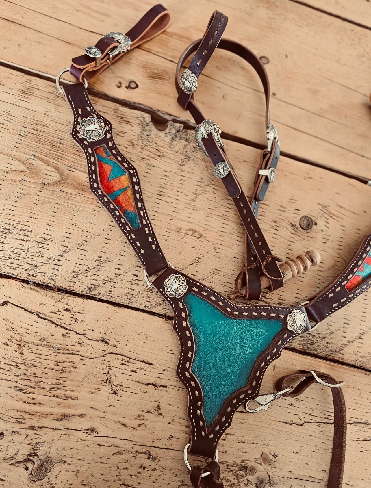 Turquoise Aztec set - headstall - breast collar - tack set