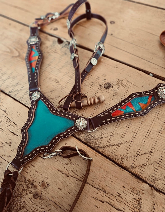 Turquoise Aztec set - headstall - breast collar - tack set