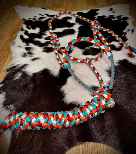 Orange / red / teal /white lariat halter